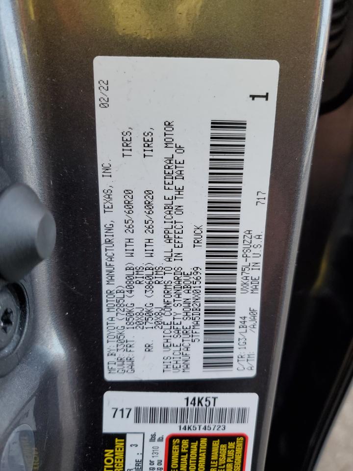 2022 TOYOTA TUNDRA CREWMAX PLATINUM VIN:5TFMA5DB2NX015699