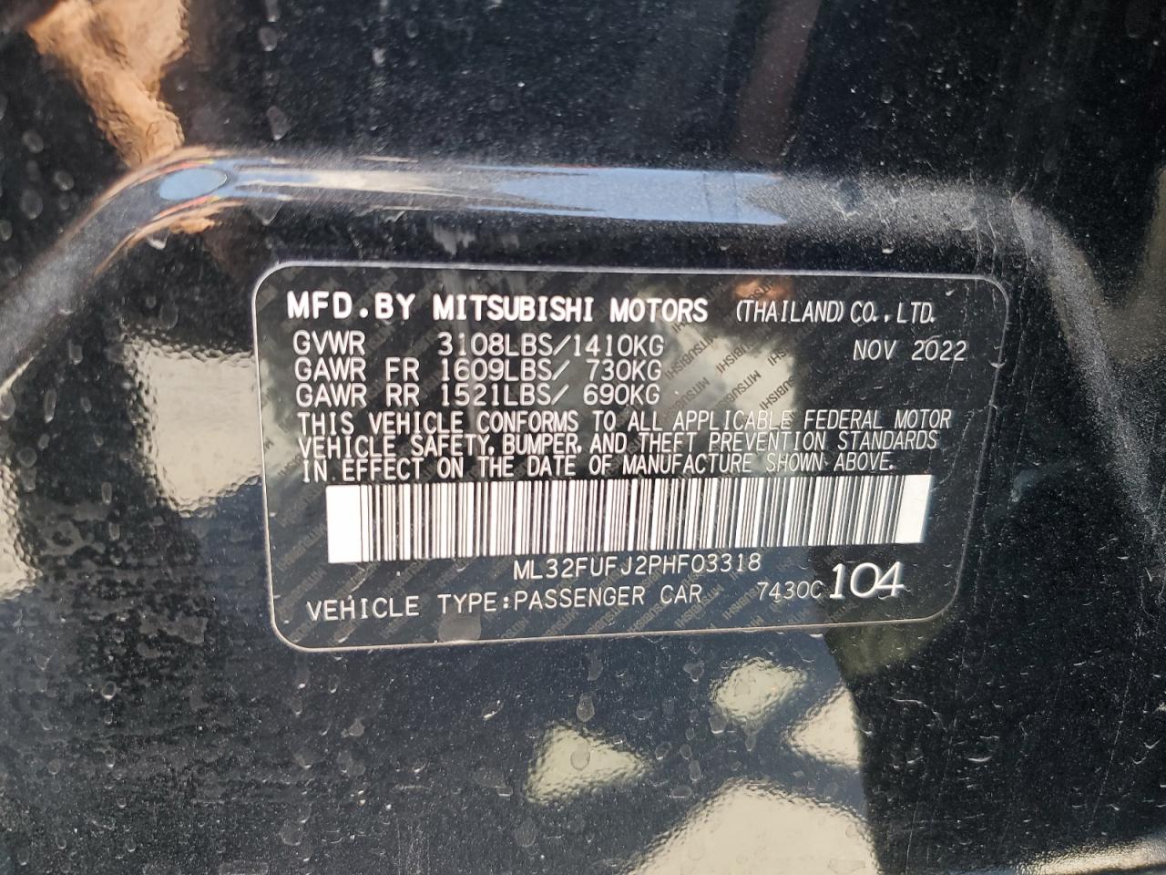 2023 MITSUBISHI MIRAGE G4 ES VIN:ML32FUFJ2PHF03318