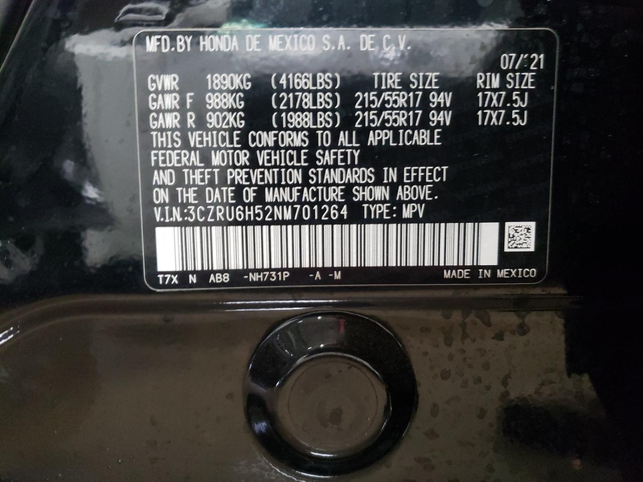 2022 HONDA HR-V EX VIN:3CZRU6H52NM701264