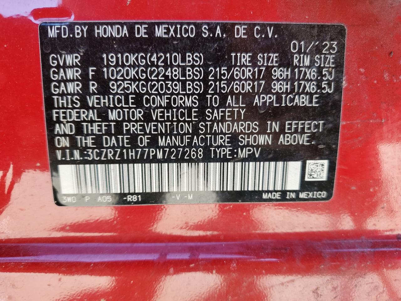 2023 HONDA HR-V EXL VIN:3CZRZ1H77PM727268