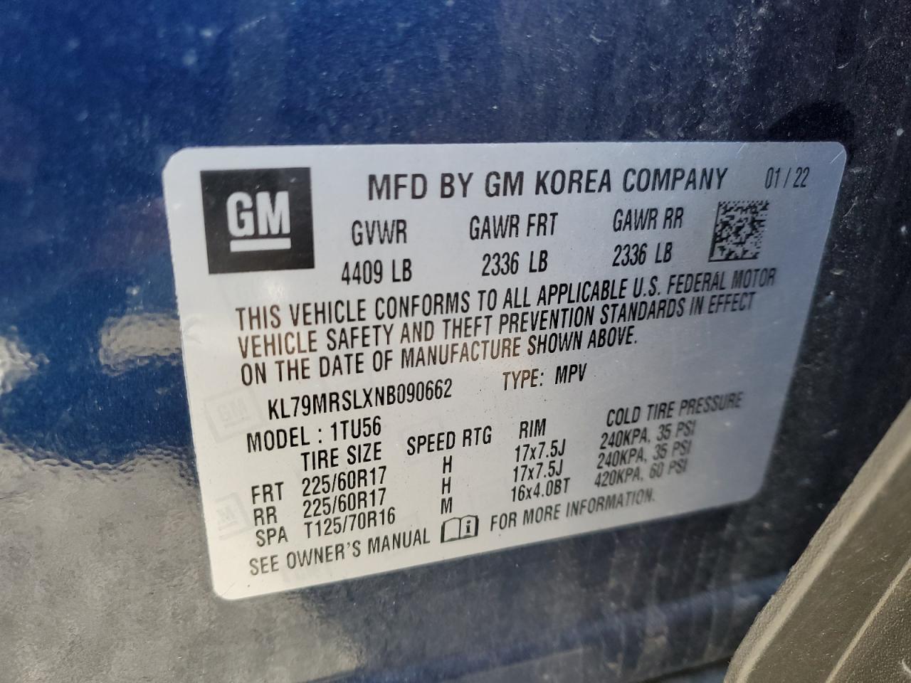 2022 CHEVROLET TRAILBLAZER LT VIN:KL79MRSLXNB090662