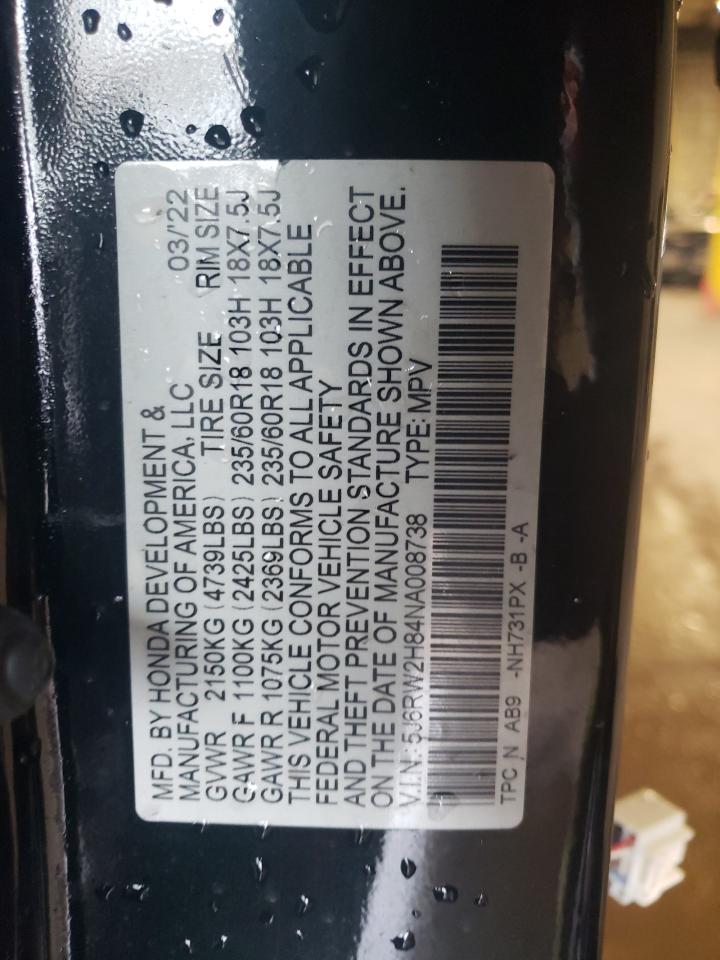 2022 HONDA CR-V EXL VIN:5J6RW2H84NA008738