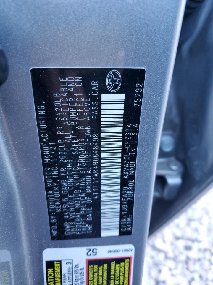 2022 TOYOTA CAMRY SE VIN:4T1T11AK4NU648498