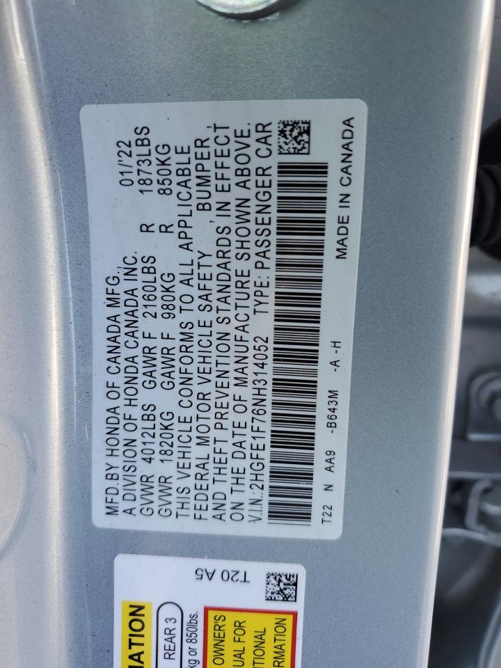 2022 HONDA CIVIC EX VIN:2HGFE1F76NH314052