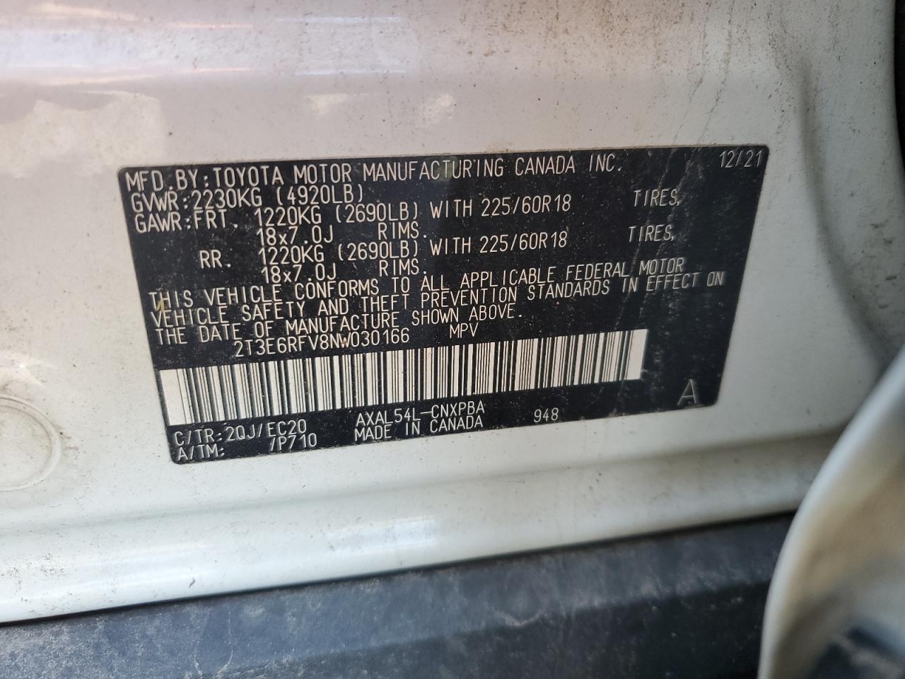 2022 TOYOTA RAV4 XSE VIN:2T3E6RFV8NW030166