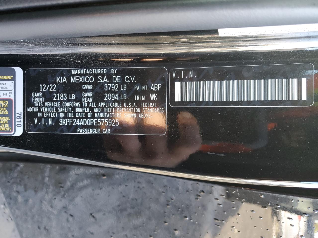 2023 KIA FORTE LX VIN:3KPF24AD0PE575925