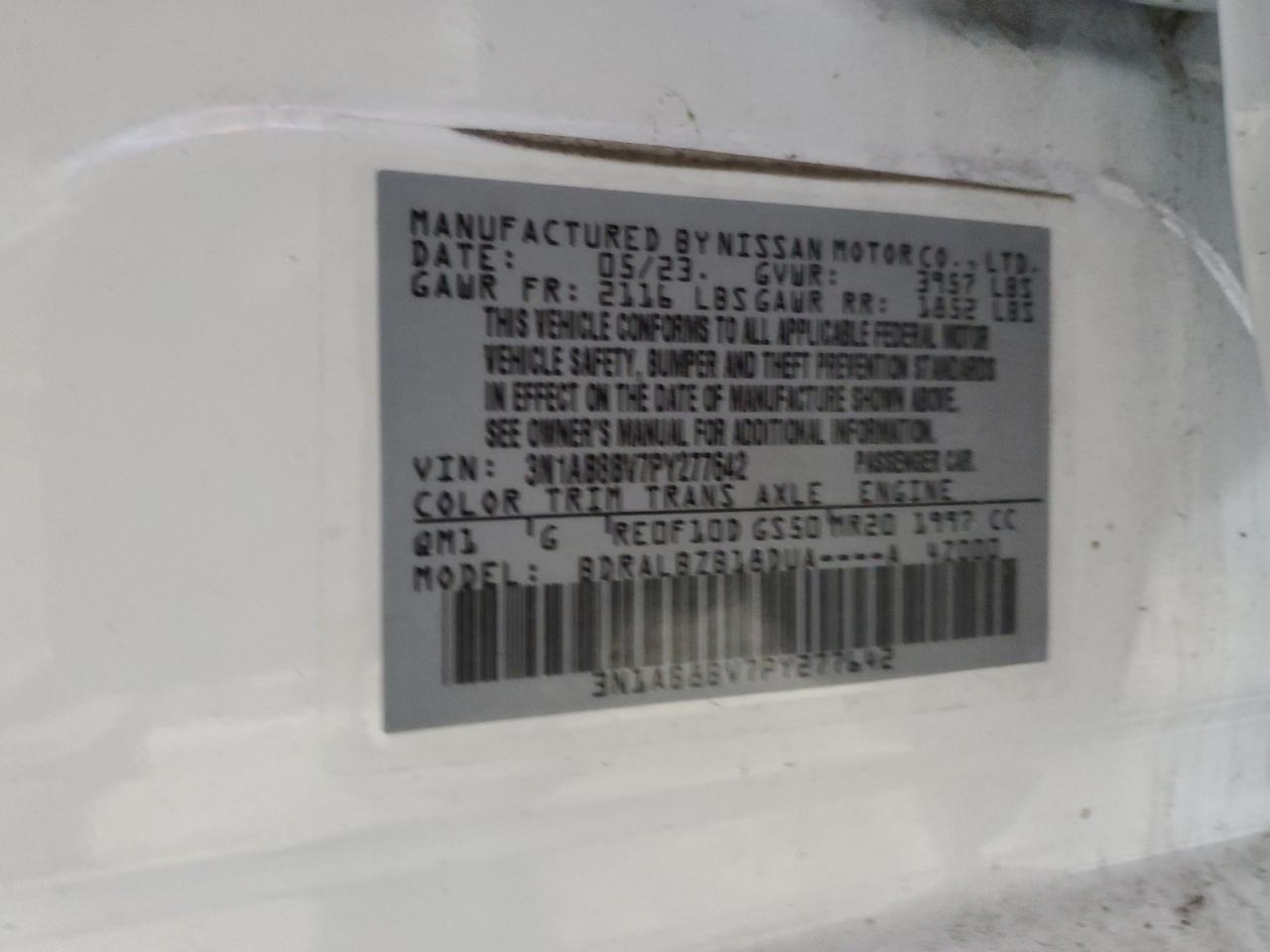 2023 NISSAN SENTRA S VIN:3N1AB8BV7PY277642