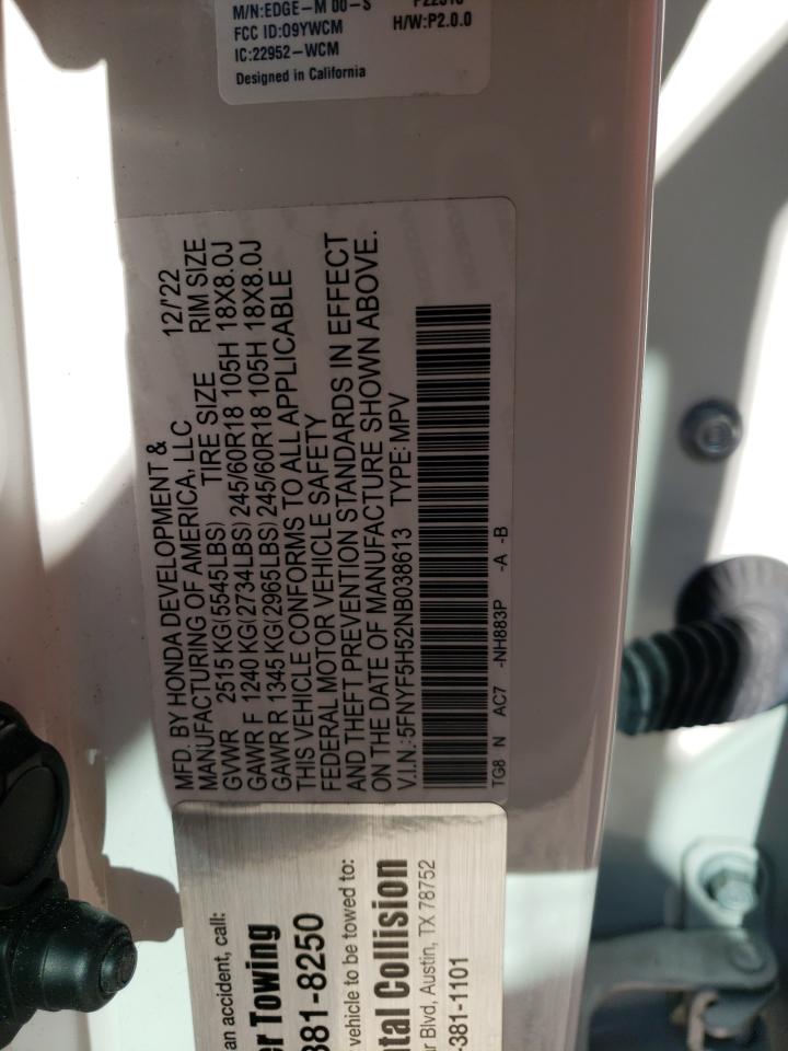 2022 HONDA PILOT EXL VIN:5FNYF5H52NB038613