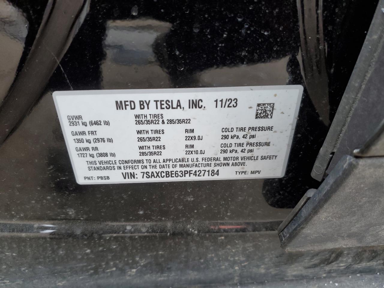 2023 TESLA MODEL X  VIN:7SAXCBE63PF427184