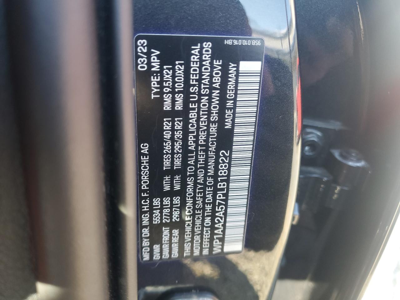 2023 PORSCHE MACAN BASE VIN:WP1AA2A57PLB18822