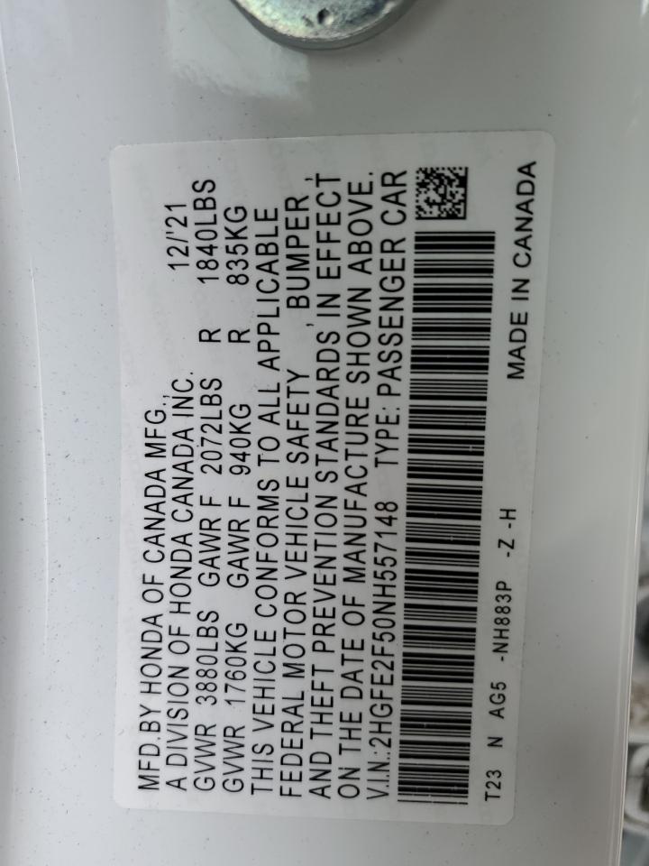 2022 HONDA CIVIC SPORT VIN:2HGFE2F50NH557148