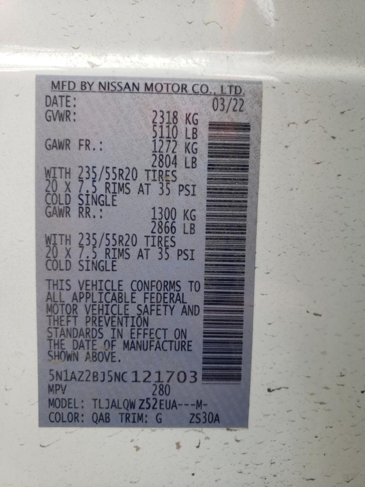 2022 NISSAN MURANO SV VIN:5N1AZ2BJ5NC121703