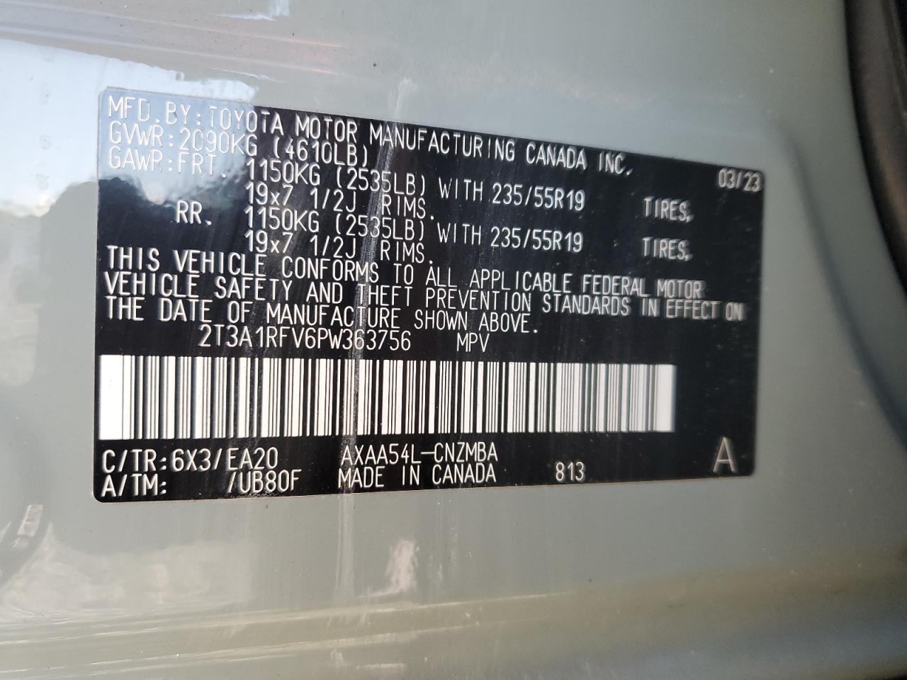 2023 TOYOTA RAV4 XLE PREMIUM VIN:2T3A1RFV6PW363756