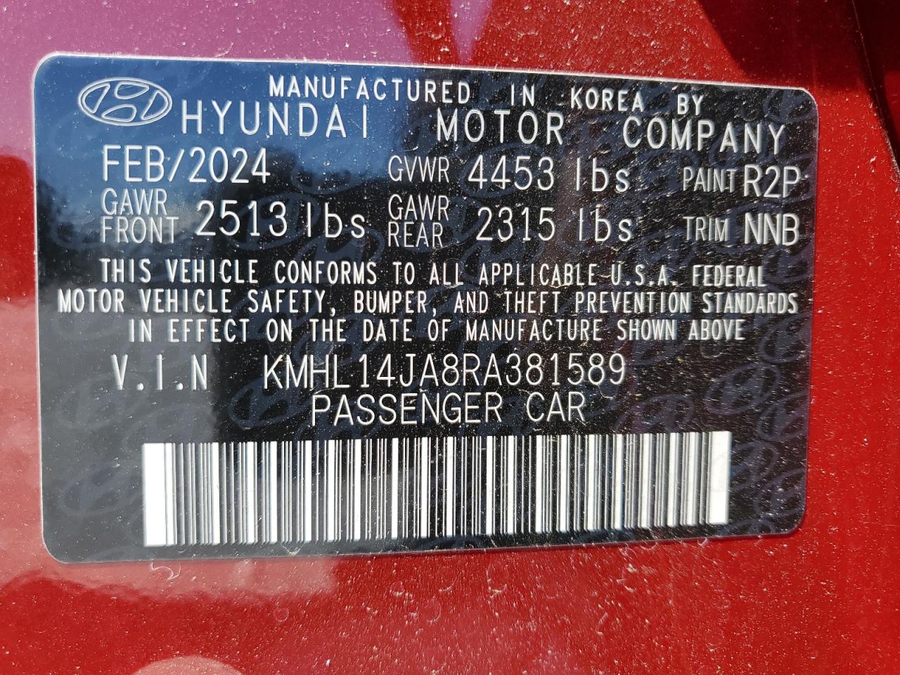2024 HYUNDAI SONATA SEL VIN:KMHL14JA8RA381589
