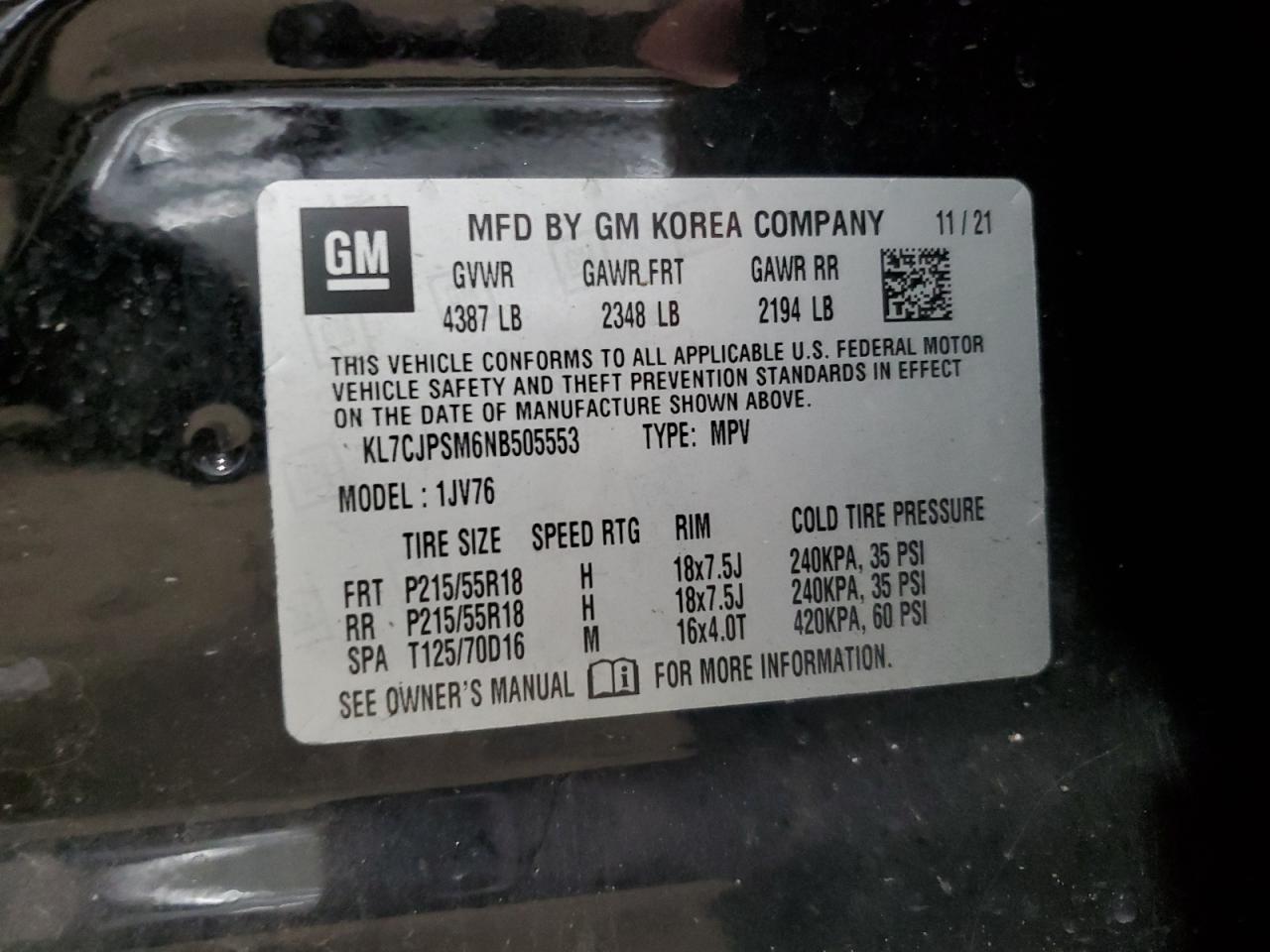 2022 CHEVROLET TRAX 1LT VIN:KL7CJPSM6NB505553