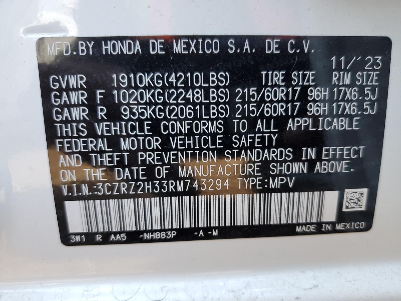 2024 HONDA HR-V LX VIN:3CZRZ2H33RM743294