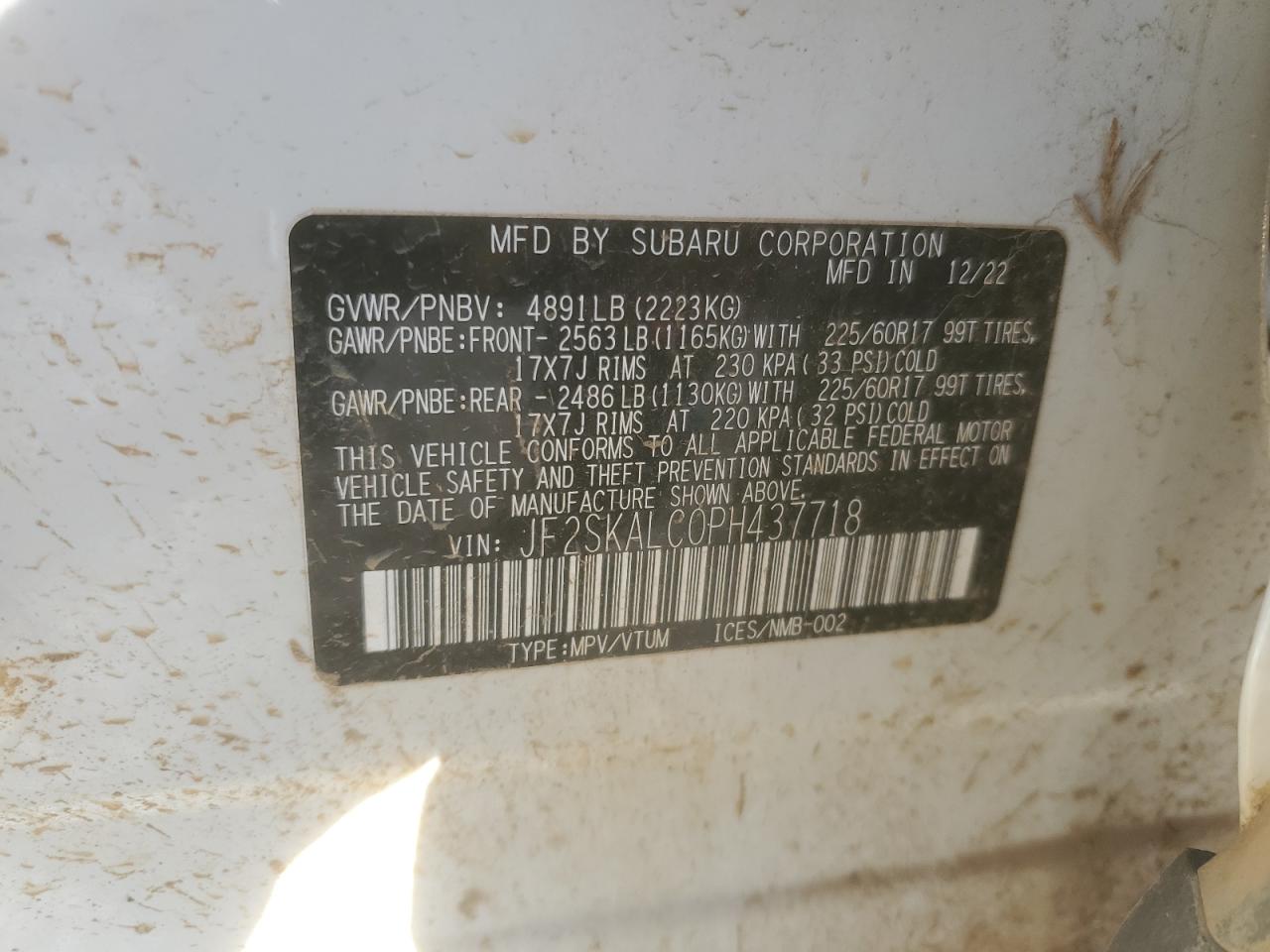 2023 SUBARU FORESTER WILDERNESS VIN:JF2SKALC0PH437718