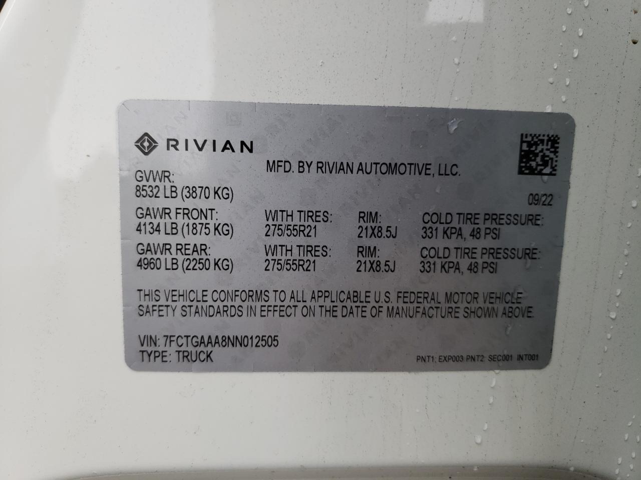 2022 RIVIAN R1T ADVENTURE VIN:7FCTGAAA8NN012505