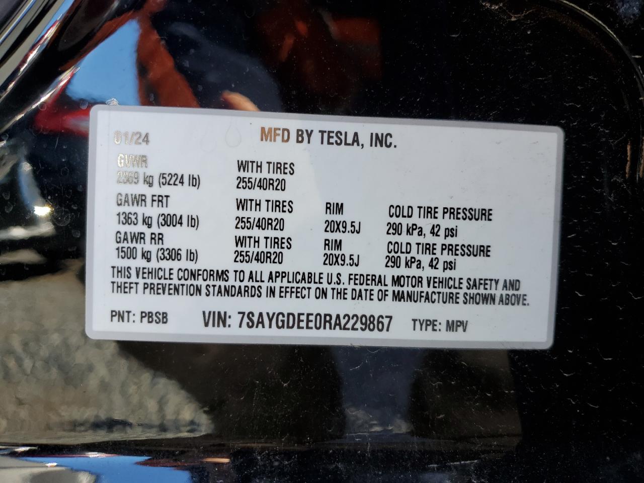 2024 TESLA MODEL Y  VIN:7SAYGDEE0RA229867