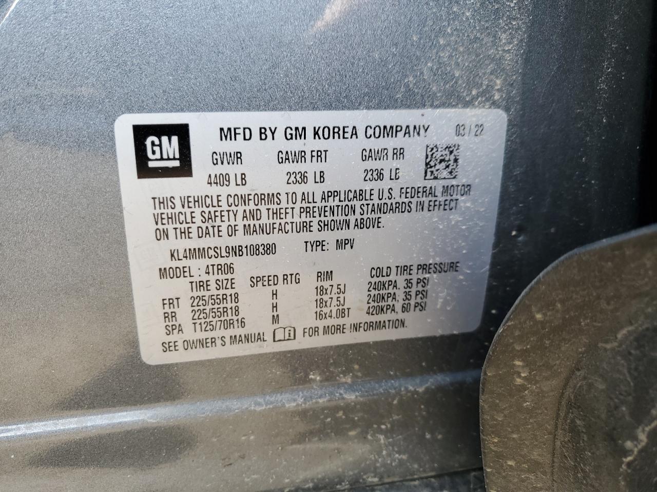 2022 BUICK ENCORE GX PREFERRED VIN:KL4MMCSL9NB108380