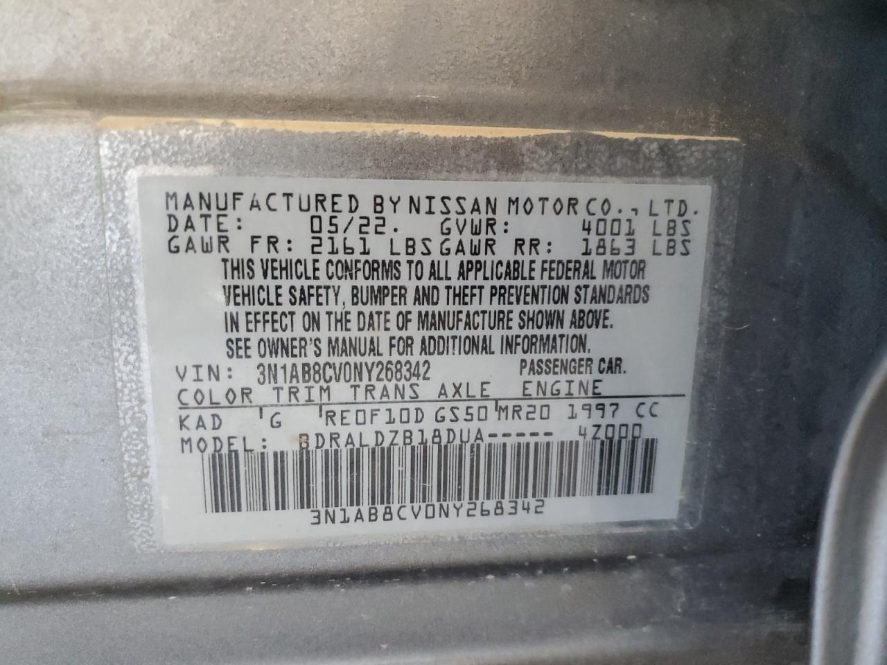 2022 NISSAN SENTRA SV VIN:3N1AB8CV0NY268342