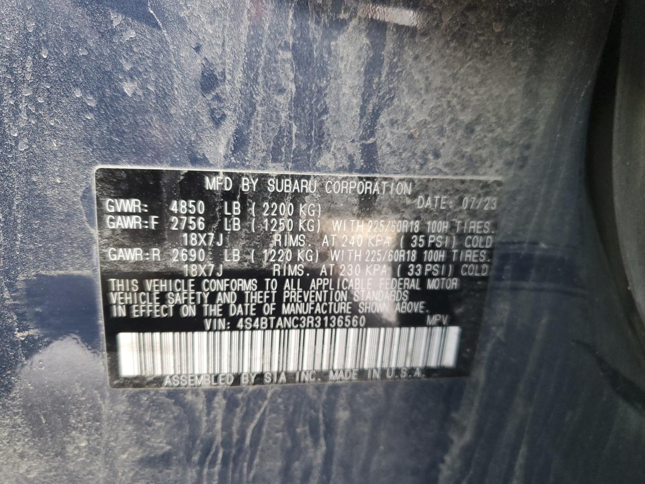 2024 SUBARU OUTBACK LIMITED VIN:4S4BTANC3R3136560