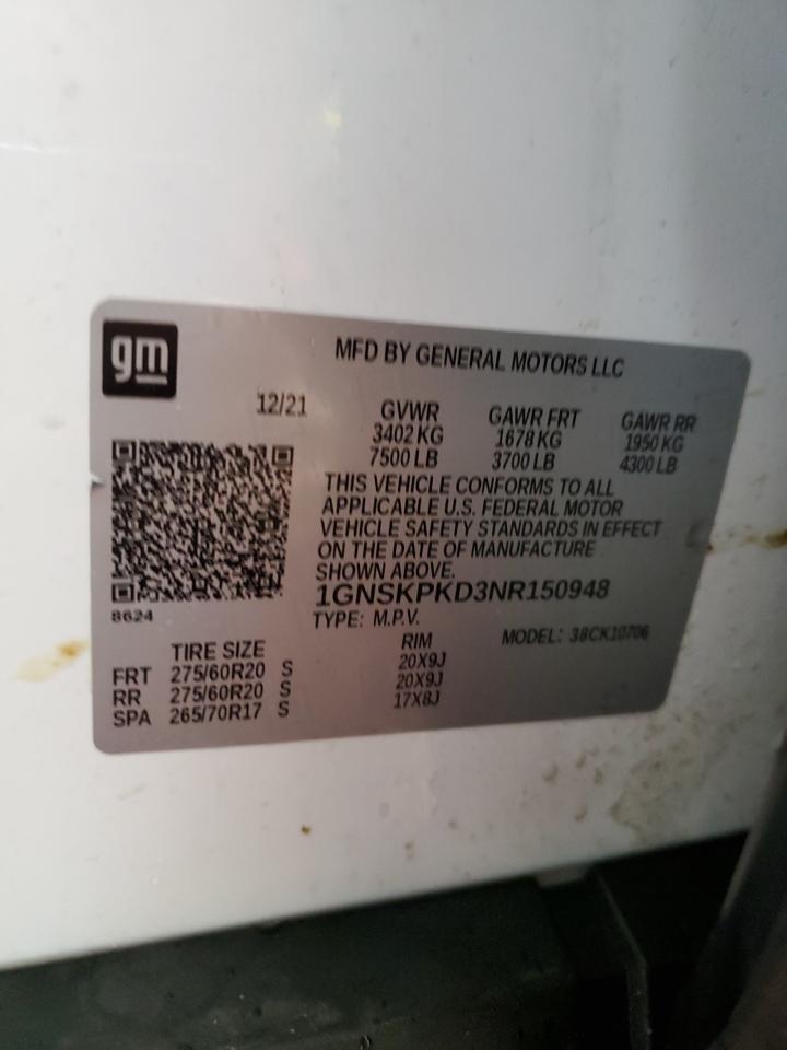 2022 CHEVROLET TAHOE K1500 Z71 VIN:1GNSKPKD3NR150948