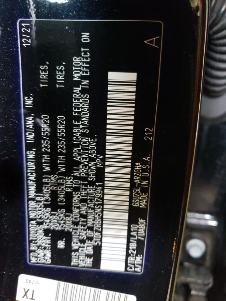 2022 TOYOTA HIGHLANDER PLATINUM VIN:5TDFZRBH5NS179941