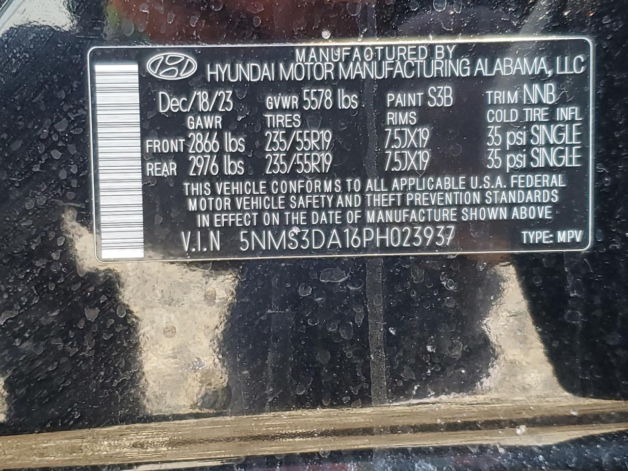 2023 HYUNDAI SANTA FE SEL PREMIUM VIN:5NMS3DA16PH023937