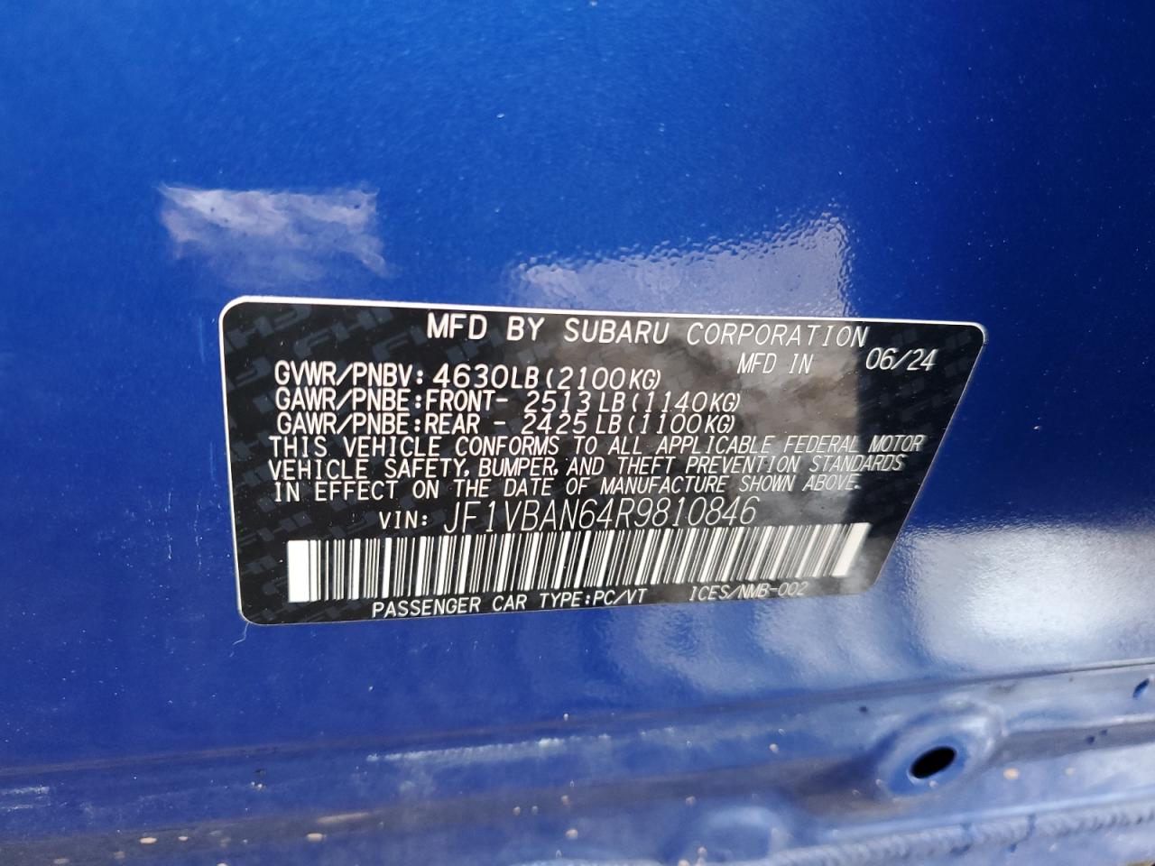 2024 SUBARU WRX LIMITED VIN:JF1VBAN64R9810846