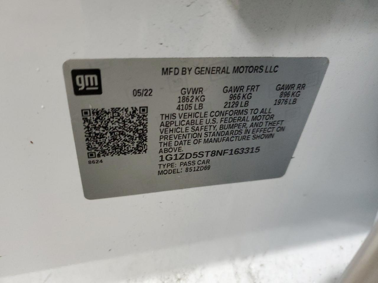 2022 CHEVROLET MALIBU LT VIN:1G1ZD5ST8NF163315