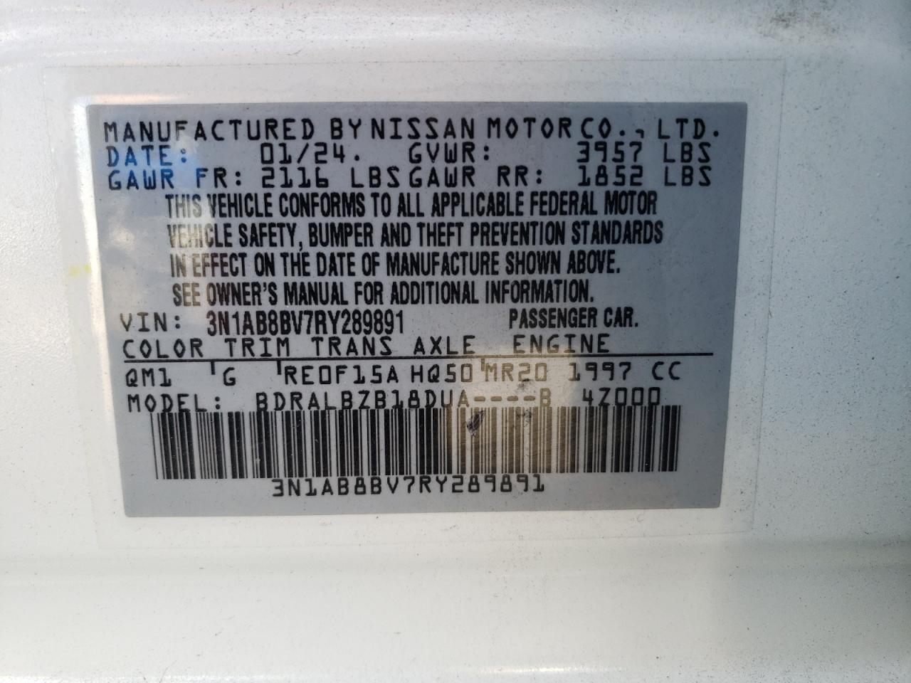 2024 NISSAN SENTRA S VIN:3N1AB8BV7RY289891