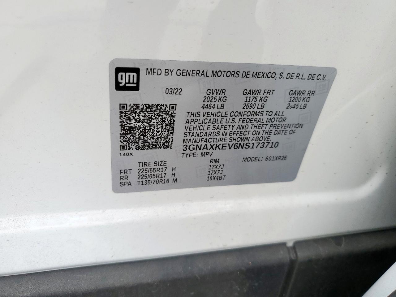 2022 CHEVROLET EQUINOX LT VIN:3GNAXKEV6NS173710