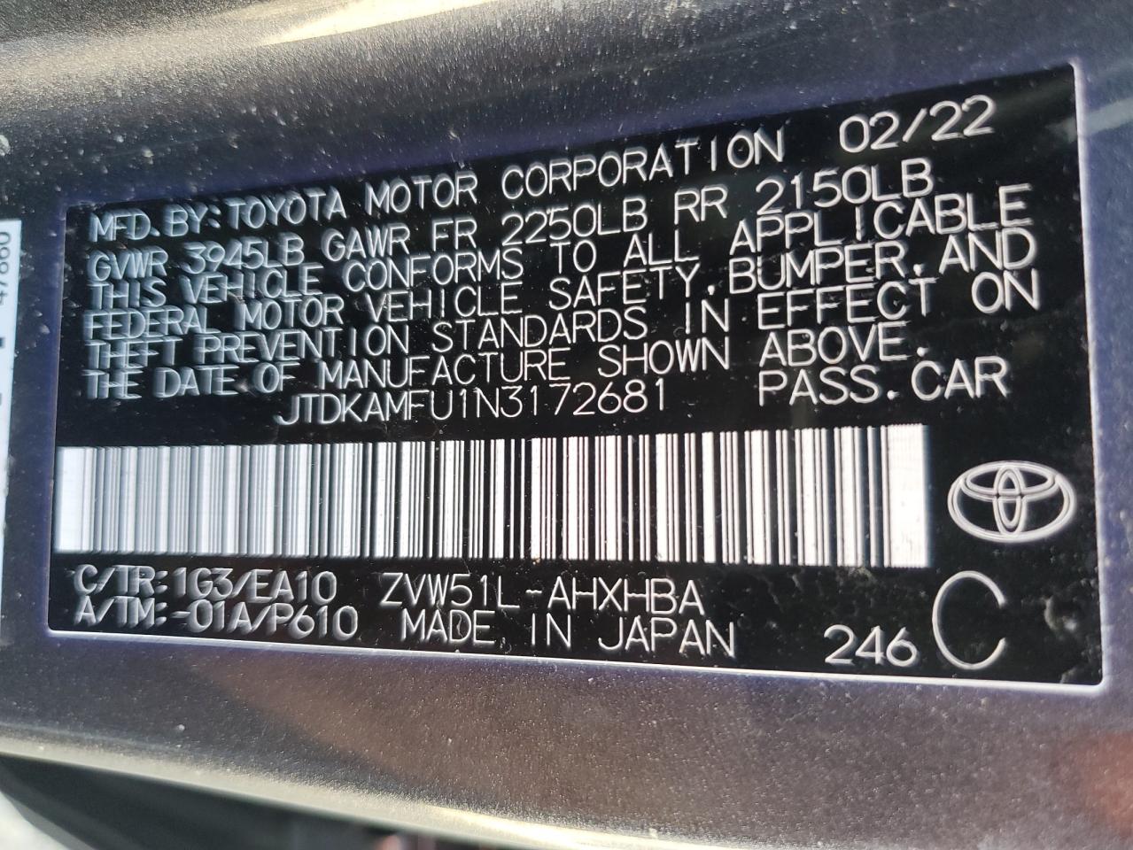 2022 TOYOTA PRIUS NIGHT SHADE VIN:JTDKAMFU1N3172681
