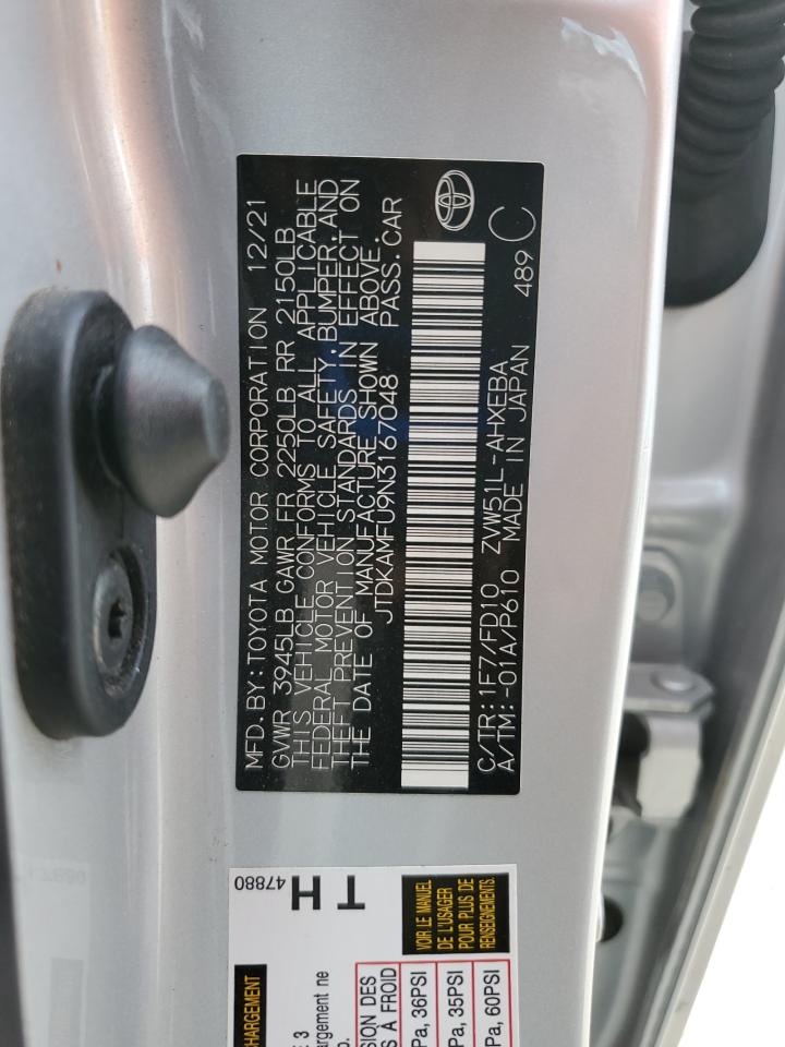 2022 TOYOTA PRIUS NIGHT SHADE VIN:JTDKAMFU9N3167048