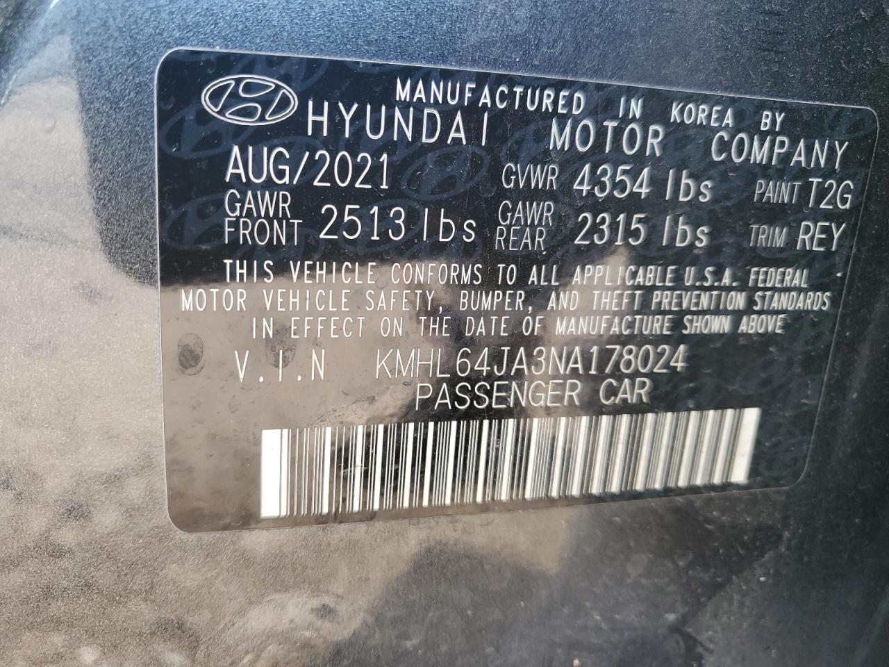 2022 HYUNDAI SONATA SEL VIN:KMHL64JA3NA178024
