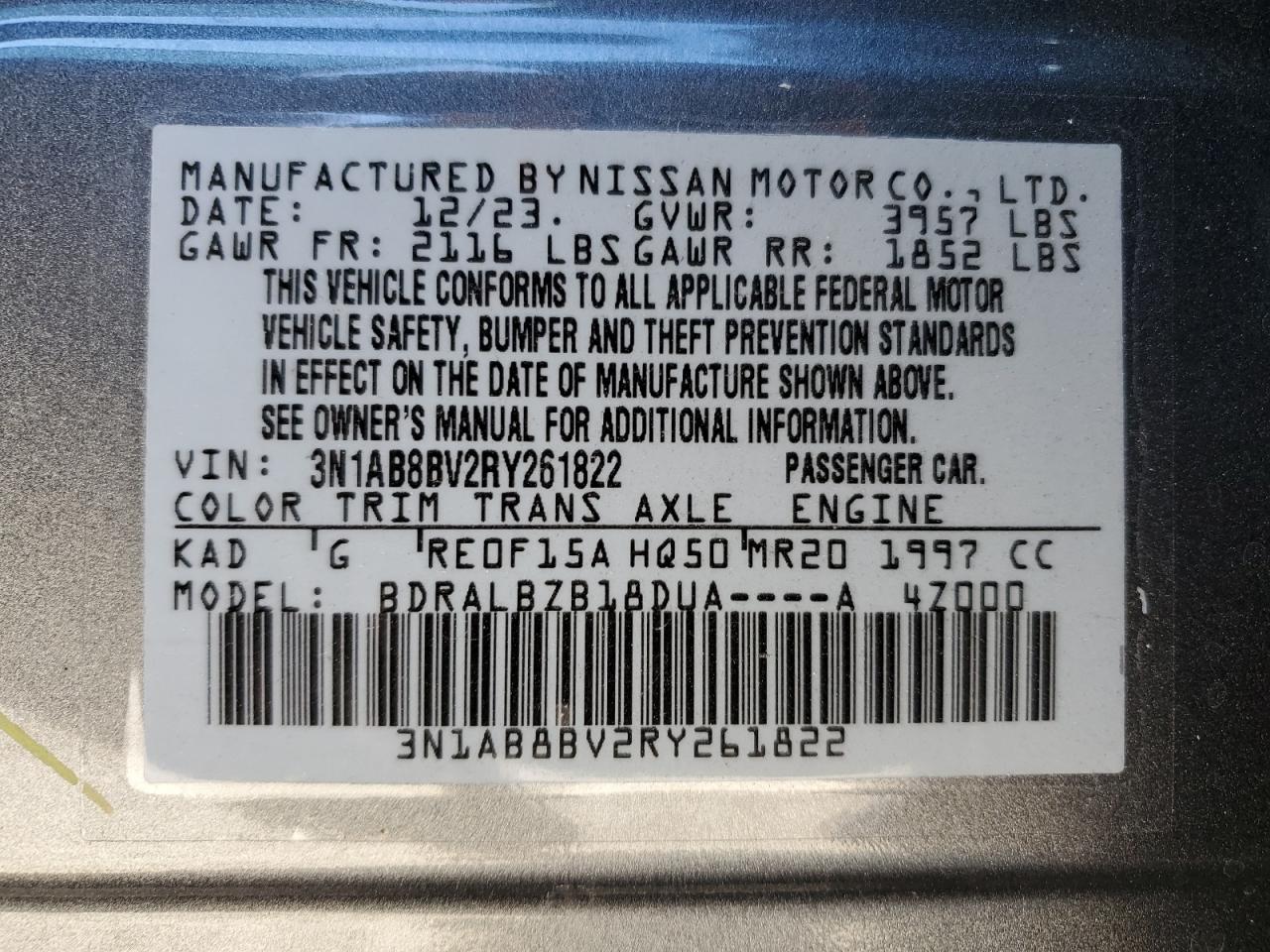 2024 NISSAN SENTRA S VIN:3N1AB8BV2RY261822