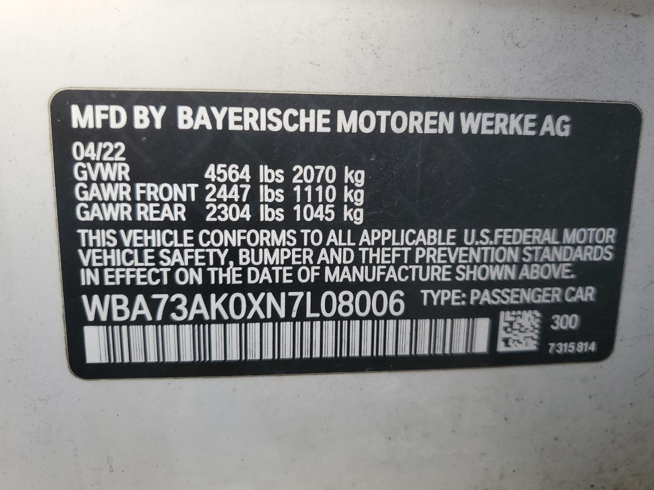 2022 BMW 228XI  VIN:WBA73AK0XN7L08006