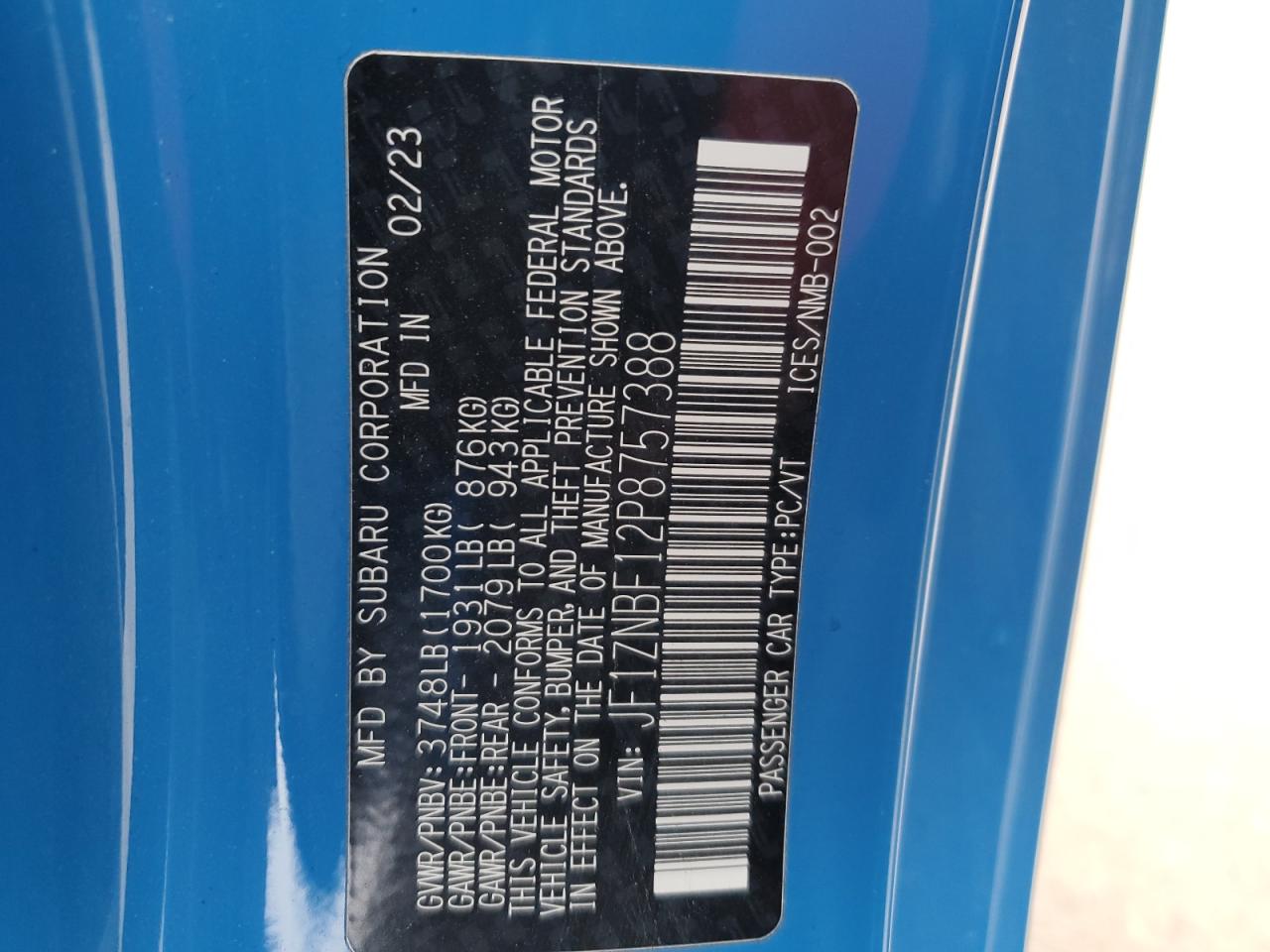 2023 TOYOTA GR 86 PREMIUM VIN:JF1ZNBF12P8757388