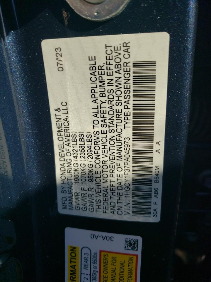 2023 HONDA ACCORD EX VIN:1HGCY1F37PA045973
