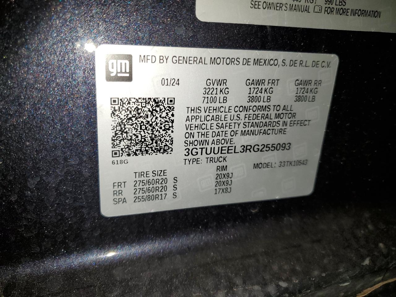 2024 GMC SIERRA K1500 AT4 VIN:3GTUUEEL3RG255093