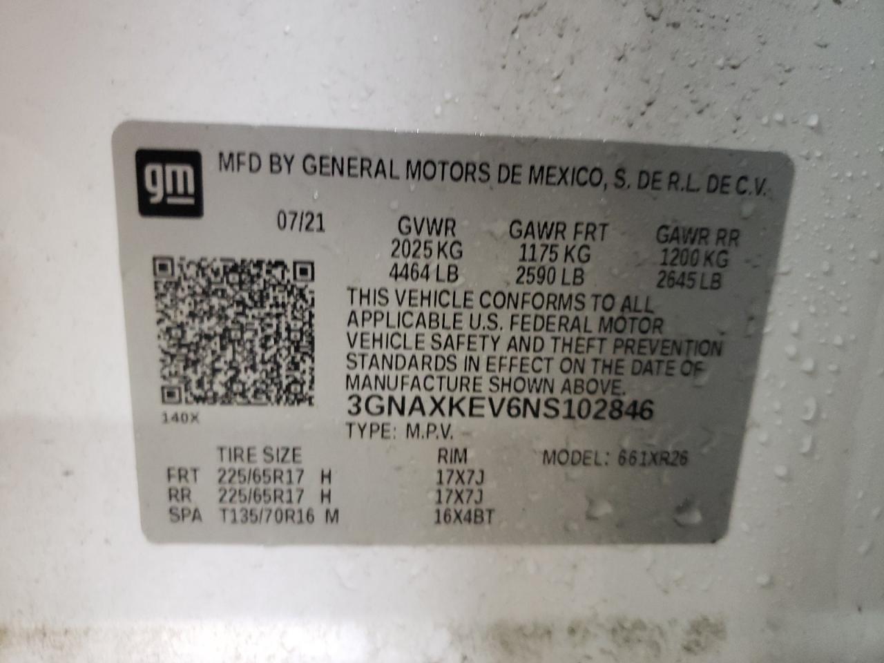 2022 CHEVROLET EQUINOX LT VIN:3GNAXKEV6NS102846