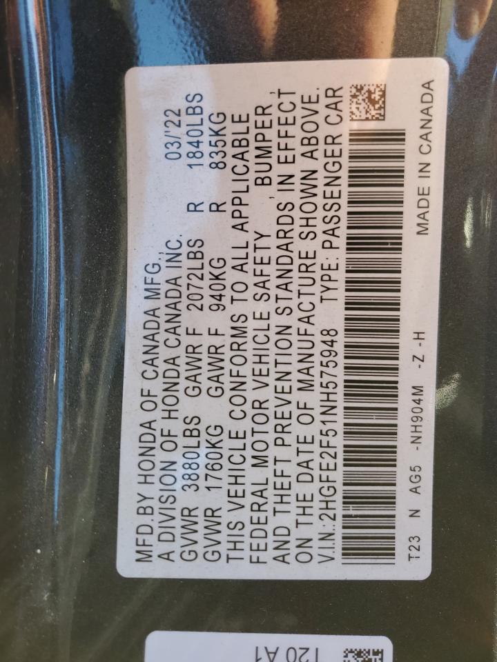 2022 HONDA CIVIC SPORT VIN:2HGFE2F51NH575948