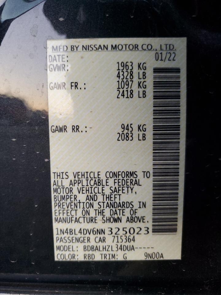 2022 NISSAN ALTIMA SV VIN:1N4BL4DV6NN325023