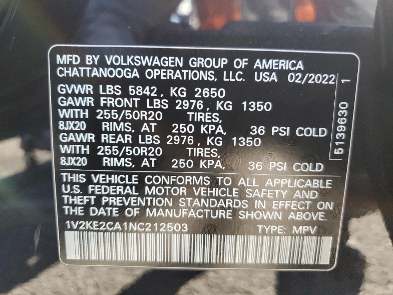 2022 VOLKSWAGEN ATLAS CROSS SPORT SE VIN:1V2KE2CA1NC212503