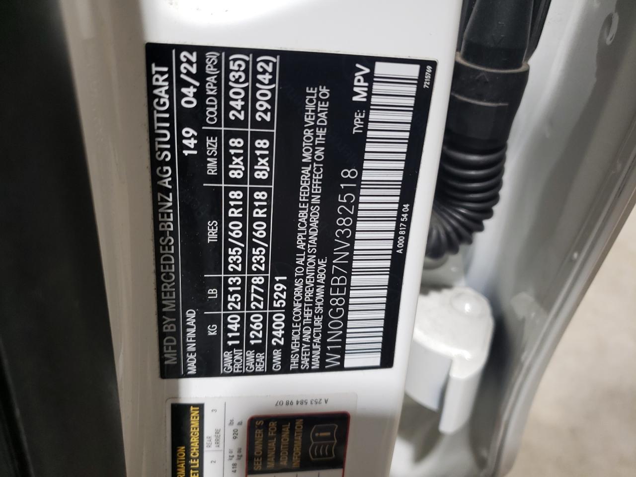 2022 MERCEDES-BENZ GLC 300 4MATIC VIN:W1N0G8EB7NV382518