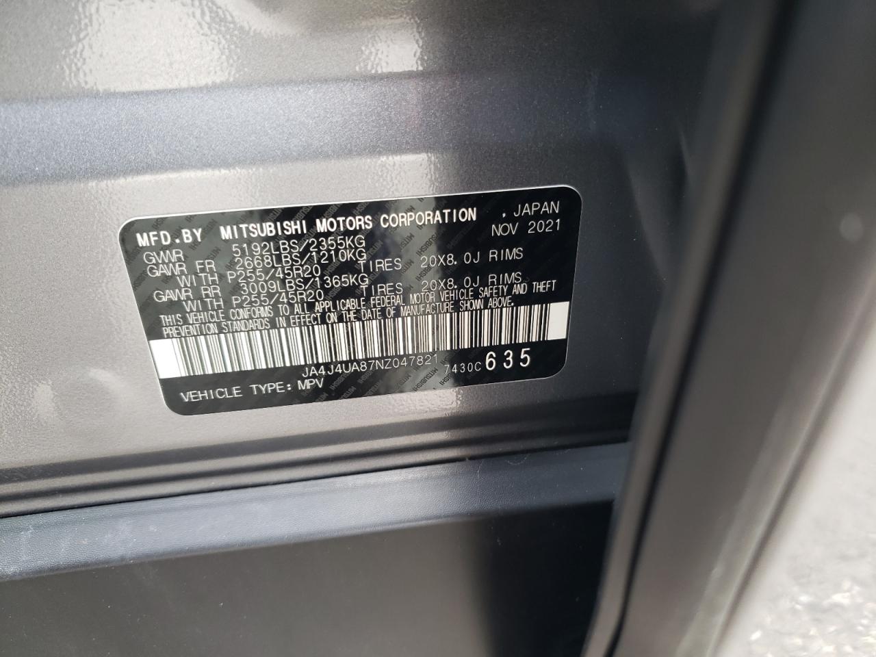 2022 MITSUBISHI OUTLANDER SE VIN:JA4J4UA87NZ047821