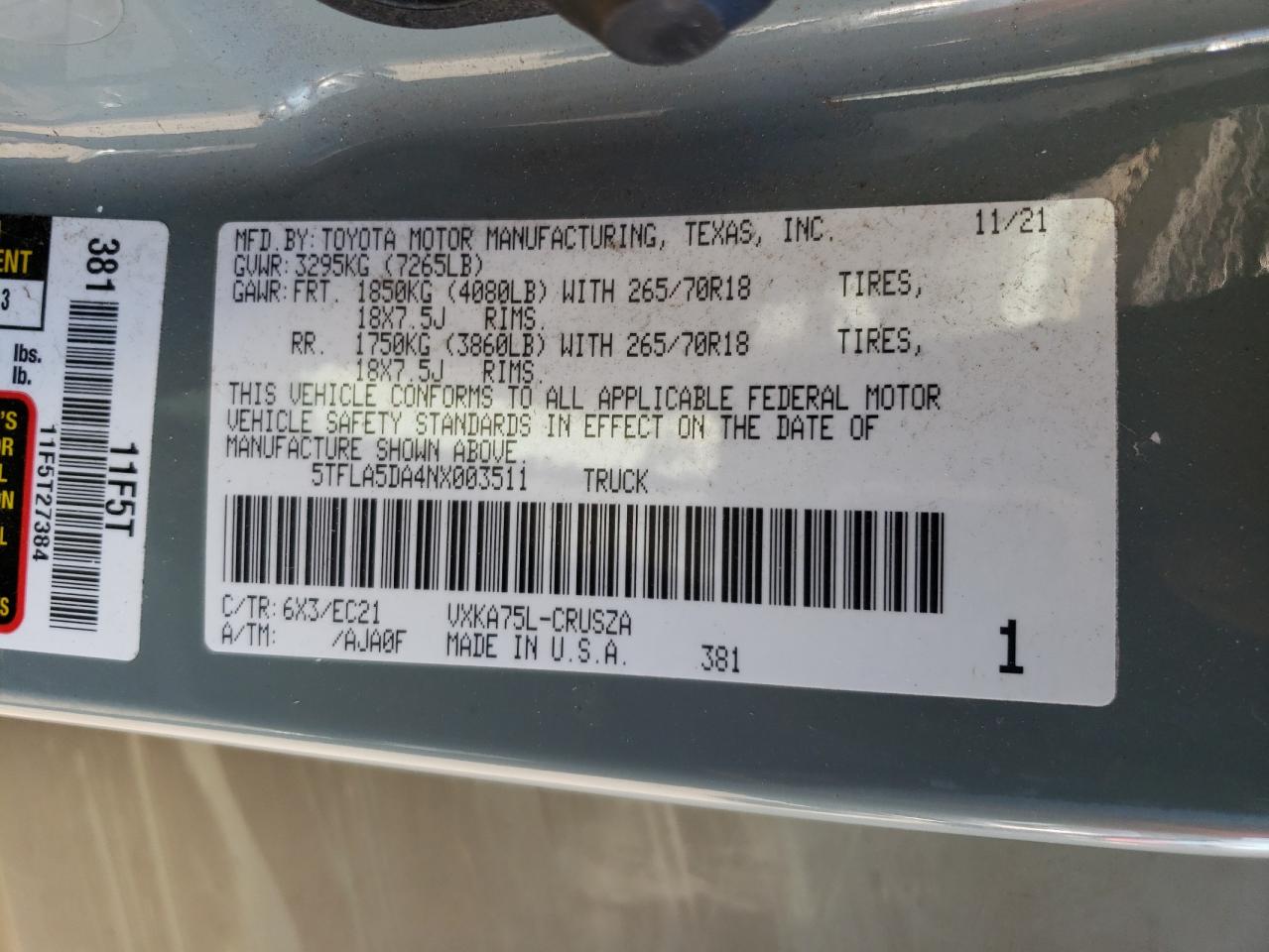 2022 TOYOTA TUNDRA DOUBLE CAB SR VIN:5TFLA5DA4NX003511