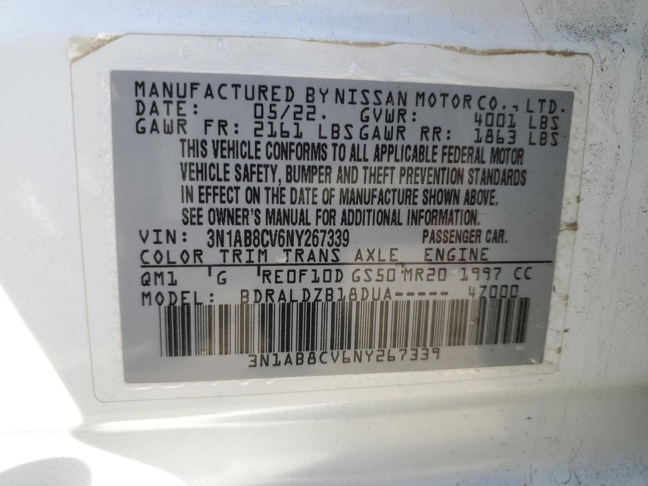 2022 NISSAN SENTRA SV VIN:3N1AB8CV6NY267339