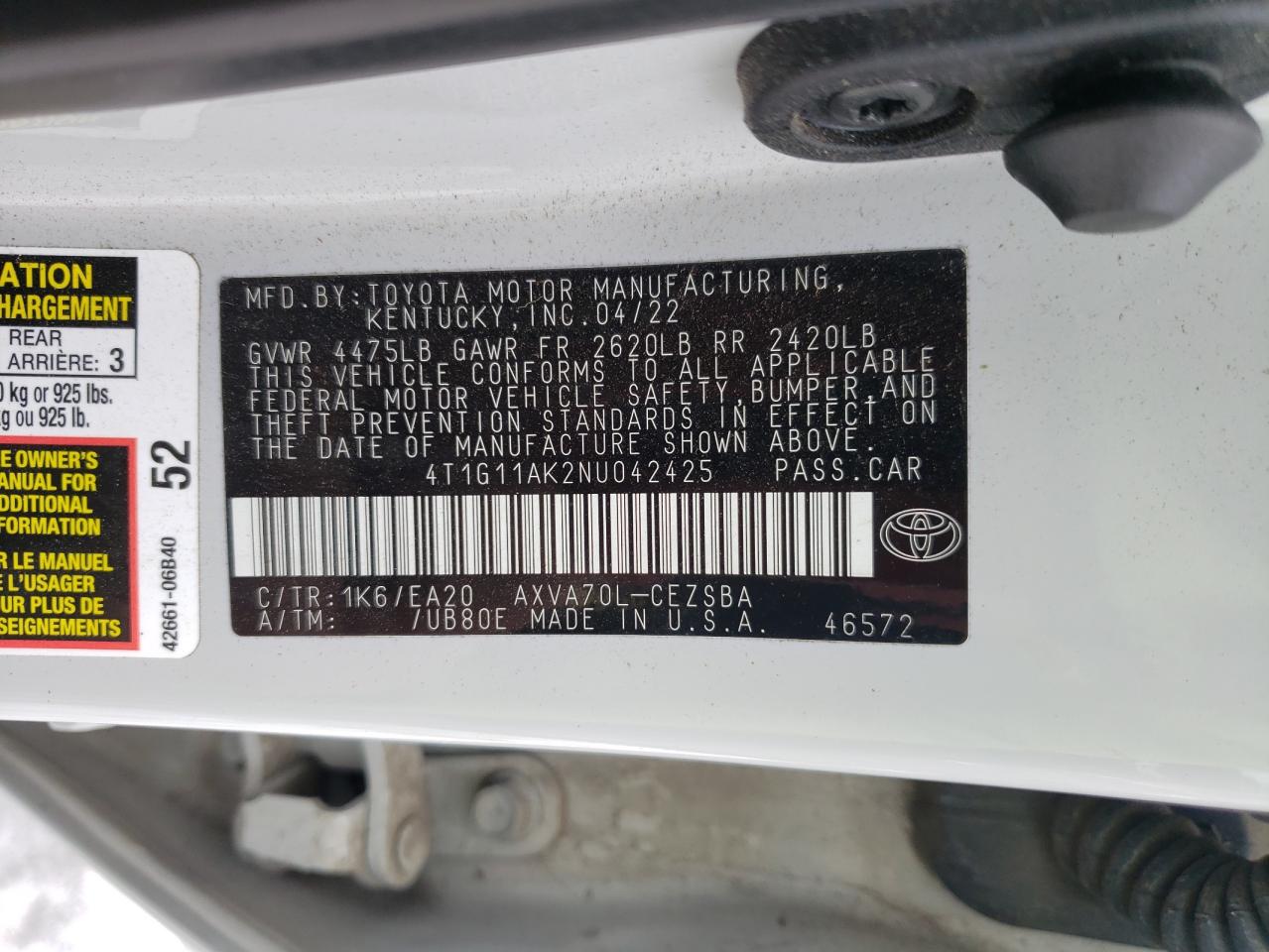 2022 TOYOTA CAMRY SE VIN:4T1G11AK2NU042425